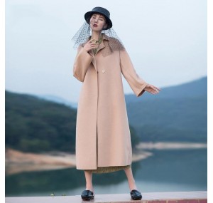 2018 nude pink wool coat plus size tie waist Winter coat lapel collar jacket