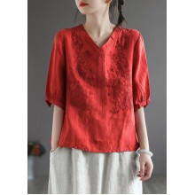 Vintage Red V Neck Embroideried Top Half Sleeve