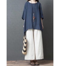Handmade Blue Linen Cotton low high design Shirt Top