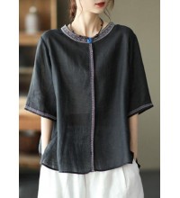 Natural Black O-Neck Embroideried Summer Ramie Blouses Half Sleeve