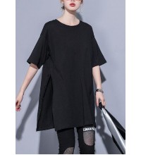 French o neck side open cotton tops Photography black blouse summer