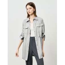 Gray Tencel Waist-Defining Mid-Length Shirt Cardigan