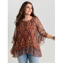 Boho Geometric Print Ruffled Sleeve Blouse