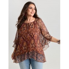 Boho Geometric Print Ruffled Sleeve Blouse