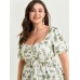 Cotton Floral Print Ruched Bubble Sleeve Blouse