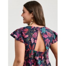 Bright Floral Texture Open-Back Blouse Bright Floral Texture Open-Back Blouse
