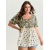 Floral Print Lace Neckline Flowy Blouse