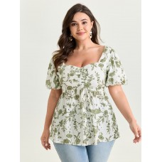 Cotton Floral Print Ruched Bubble Sleeve Blouse
