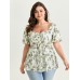 Cotton Floral Print Ruched Bubble Sleeve Blouse