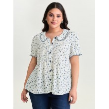 Floral Embroidery Pleated Button-Front Blouse