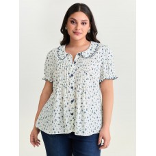 Floral Embroidery Pleated Button-Front Blouse
