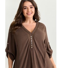 Lace Trim Neckline Tab Sleeve Blouse