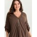 Lace Trim Neckline Tab Sleeve Blouse