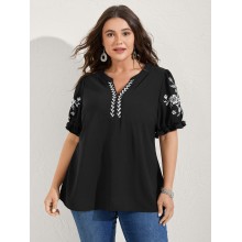 Notched Collar Embroidered Ruffled Blouse