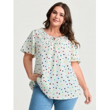Colorful Polka Dots Drawstring Ruched Blouse