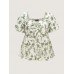 Cotton Floral Print Ruched Bubble Sleeve Blouse