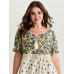 Floral Print Lace Neckline Flowy Blouse