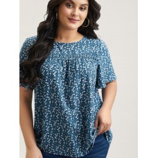 Floral Ruffle Sleeve Gathered Round Neck Blouse