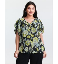 Floral Print Ruffled Edges Blouse