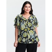 Floral Print Ruffled Edges Blouse