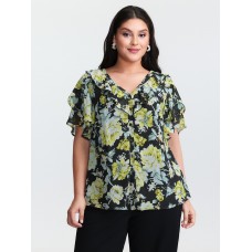 Floral Print Ruffled Edges Blouse