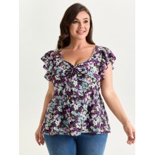 Floral Print Drawstring Neckline Blouse