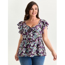 Floral Print Drawstring Neckline Blouse
