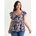 Floral Print Drawstring Neckline Blouse