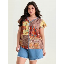 Supersoft Colorful Contrast Patchwork Print Blouse