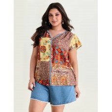 Supersoft Colorful Contrast Patchwork Print Blouse
