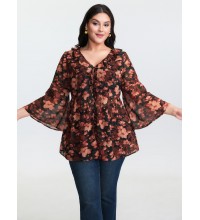 Floral Print Ruffled Neckline Blouse