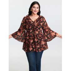 Floral Print Ruffled Neckline Blouse Floral Print Ruffled Neckline Blouse