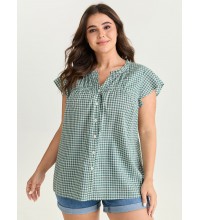 Cotton Check Print Ruffled Sleeve Blouse