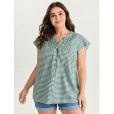 Cotton Check Print Ruffled Sleeve Blouse Cotton Check Print Ruffled Sleeve Blouse