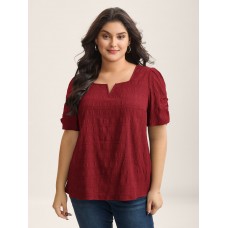Textured Gathered Sleeve Split Neck Blouse