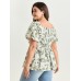 Cotton Floral Print Ruched Bubble Sleeve Blouse