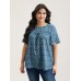 Floral Ruffle Sleeve Gathered Round Neck Blouse