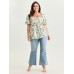 Cotton Floral Print Ruched Bubble Sleeve Blouse