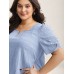 Textured Gathered Sleeve Split Neck Blouse