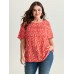 Floral Ruffle Sleeve Gathered Round Neck Blouse