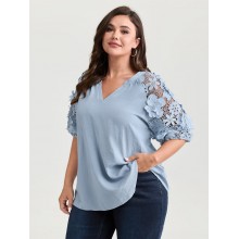 3D Floral Sleeve Spliced Flowy Blouse